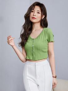 SHEIN Qutie Button Up Rib-knit Crop Top - Lime Green - View 1