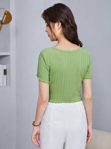 SHEIN Qutie Button Up Rib-knit Crop Top - Lime Green - View 2