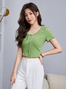 SHEIN Qutie Button Up Rib-knit Crop Top - Lime Green - View 3