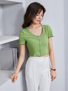 SHEIN Qutie Button Up Rib-knit Crop Top - Lime Green - View 4