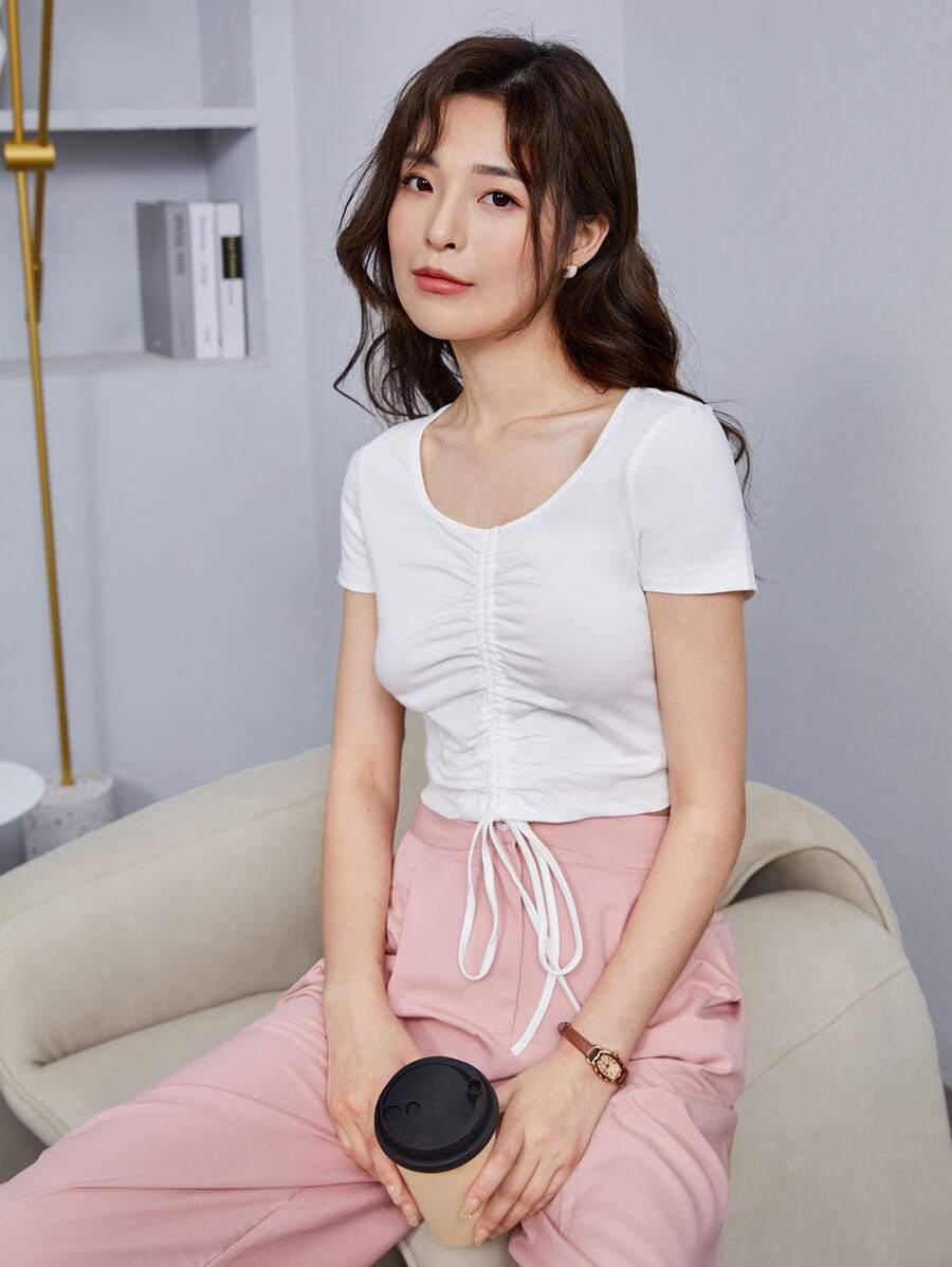 SHEIN EZwear Solid Drawstring Ruched Tee - White - View 1