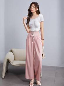 SHEIN EZwear Solid Drawstring Ruched Tee - White - View 4