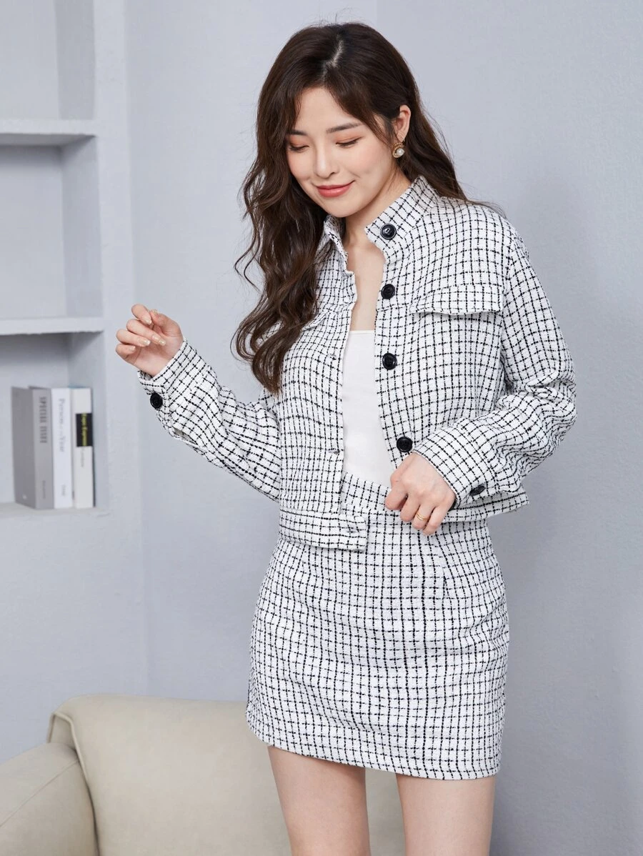 Chiquease Plaid Tweed Jacket & Skirt Set - Black and White - View 1