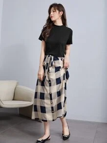 SHEIN LUNE Bộ thời trang Thắt lưng Sọc ca rô Giải trí - Nhiều màu - Xem 5