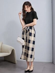SHEIN LUNE Bộ thời trang Thắt lưng Sọc ca rô Giải trí - Nhiều màu - Xem 7