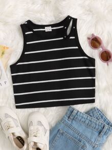 SHEIN Tween Girl Striped Cut Out Tank Top - Black - View 1