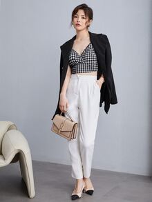 SHEIN Privé Houndstooth mẫu dây treo ngắn - Đen và trắng - Xem 6