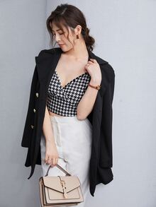 SHEIN Privé Houndstooth mẫu dây treo ngắn - Đen và trắng - Xem 7