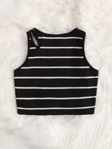 SHEIN Tween Girl Striped Cut Out Tank Top - Black - View 2