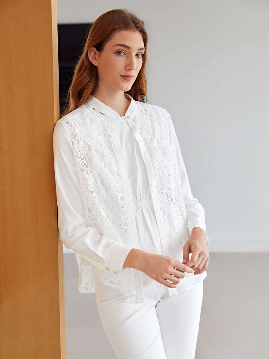 MOTF PREMIUM 提花蕾絲襯衫 - 白色 - 查看 1
