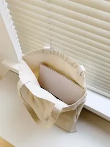 1 pieza Bolso de lona de unicolor casual, de gran capacidad, multifuncional, minimalista, portátil, reutilizable, plegable, adecuado para exteriores, vuelta al colegio, viajes, compras y otras ocasiones, también adecuado para mujeres, jóvenes profesionales, damas de oficina, regalos del Día del Maestro, damas, chicas, adolescentes, se puede usar para negocios/viajes/trabajo/oficina, vacaciones/ocio, etc. - Beis - Ver 3