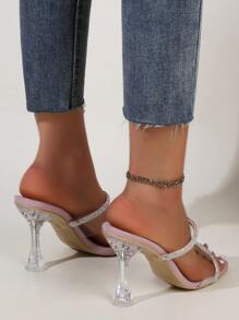 Women Rhinestone Decor Pyramid Heeled Mule Sandals, Glamorous Summer Heeled Sandals - Mauve Purple - View 3