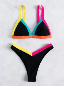 Slaydiva Summer Beach Binding Trim Triangle Bikini - Black - View 4