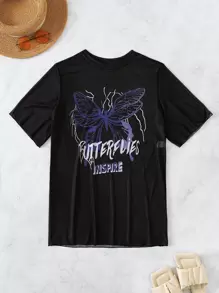 SHEIN Swim Vestido de malla de manga corta con estampado de letras y mariposas para mujer, ideal para verano y Halloween - Negro - Ver 7