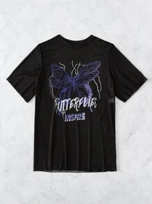 SHEIN Swim Vestido de malla de manga corta con estampado de letras y mariposas para mujer, ideal para verano y Halloween - Negro - Ver 6