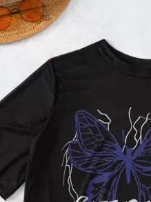 SHEIN Swim Vestido de malla de manga corta con estampado de letras y mariposas para mujer, ideal para verano y Halloween - Negro - Ver 5