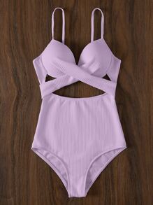 SHEIN Swim Crossover Cut Out One Piece Swimsuit Summer - Lilac Purple - View 6
