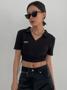 DAZY Letter Patch Detail Drawstring Side Crop Tee - Black - View 7