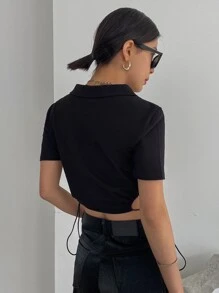 DAZY Letter Patch Detail Drawstring Side Crop Tee - Black - View 2