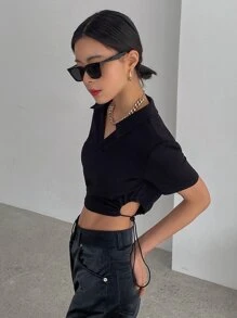 DAZY Letter Patch Detail Drawstring Side Crop Tee - Black - View 9