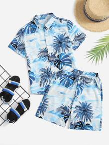 SHEIN 男孩帆船和棕櫚樹印花襯衫和短褲 - 藍白色 - 查看 1