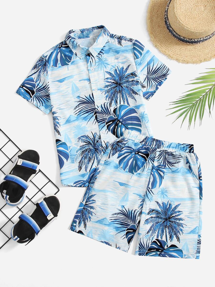SHEIN 男孩帆船和棕櫚樹印花襯衫和短褲 - 藍白色 - 查看 1