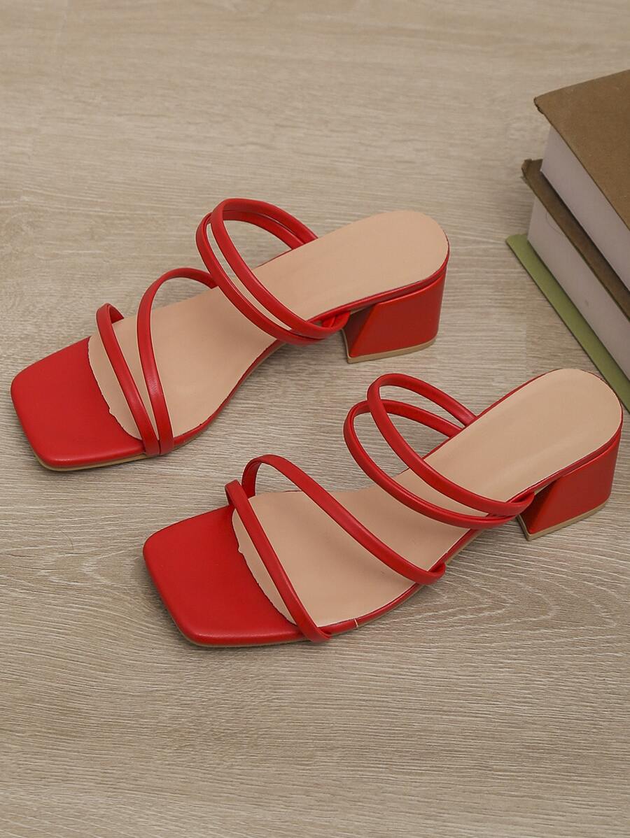 Women Minimalist Chunky Heeled Mule Sandals, Funky Summer Heeled Sandals - Red - View 1