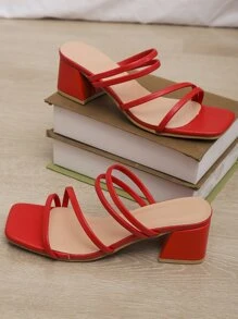Women Minimalist Chunky Heeled Mule Sandals, Funky Summer Heeled Sandals - Red - View 5