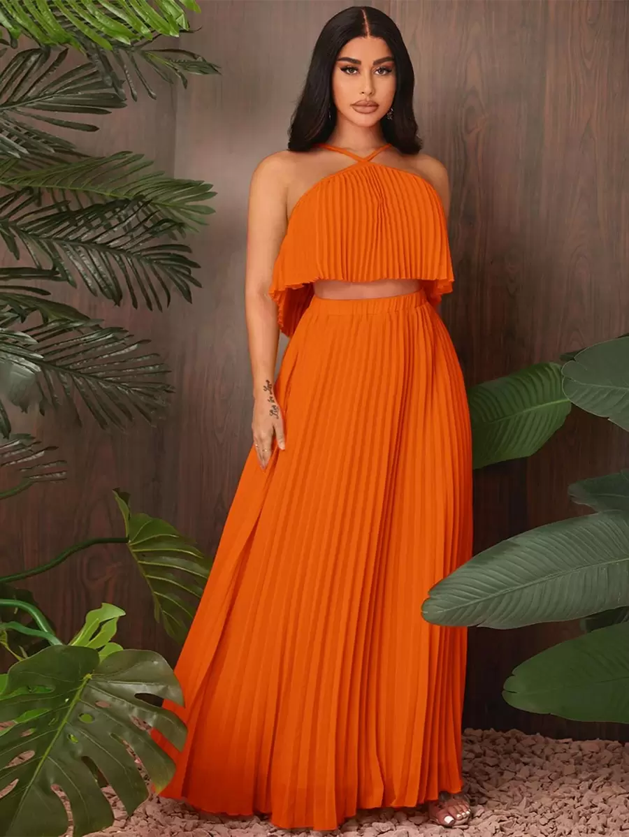 SHEIN SXY 百褶雪紡吊帶上衣和半身裙