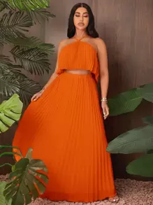 SHEIN SXY 百褶雪紡吊帶上衣和半身裙 - 橘色 - 查看 4