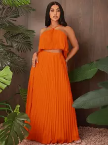 SHEIN SXY 百褶雪紡吊帶上衣和半身裙 - 橘色 - 查看 6