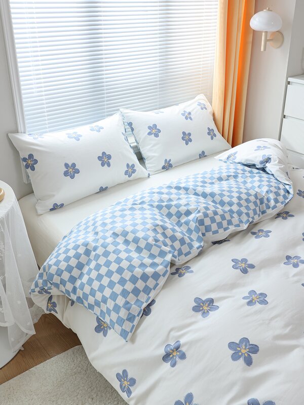 Floral Pattern Duvet Cover Set (1 Duvet Cover & 2 Pillowcases) Without Filling, Comfortable , Modern Home, Dorm, Blue & White, Fresh & Breathable, Suitable For Children, Students, Adults, Unisex, Single & Double Bed, All Season Available, Spring, Summer, Autumn, Winter