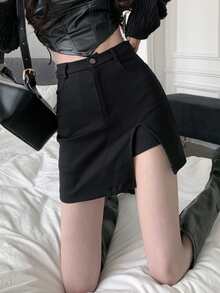 Shorts unicolor bajo con abertura culottes - Negro - Ver 3