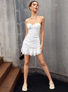 SHEIN ICON Đầm Xù Viên lá sen Dây kéo màu trơn Gợi cảm - trắng - Xem 3