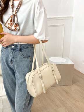 Korean Shoulder Bag y2k Gal School Bag White Ivory White Waterproof,Lightweight,Business Casual Minimalist Buckle Detail Bucket Bag For Teen Girls Women College Students,Rookies & White-collar Workers Perfect for Office,College,Work ,Business,Commute,Outdoors, Travel, Outings