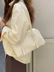 Korean Shoulder Bag y2k Gal School Bag White Ivory White Waterproof,Lightweight,Business Casual Minimalist Buckle Detail Bucket Bag For Teen Girls Women College Students,Rookies & White-collar Workers Perfect for Office,College,Work ,Business,Commute,Outdoors, Travel, Outings - Beige - View 2
