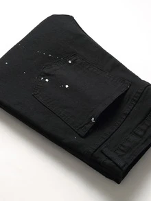 ROMWE MEN Quần Jeans Nam Nghề thêu Bị tách Hoa - màu đen - Xem 4