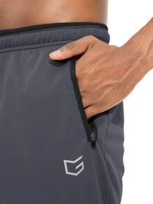 男士拉鍊口袋腰部抽繩幾何印花運動褲 - 深灰色 - 查看 4