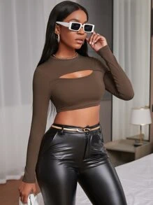 SHEIN Essnce Solid Cut Out Front Crop Tee - Coffee Brown - View 6