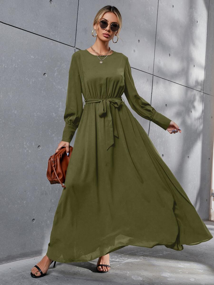 SHEIN LUNE Solid Belted Maxi Dress - Army Green - View 1