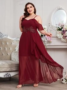 SHEIN Belle Burgundy Red Plus Appliques Cold Shoulder Ruffle Trim Chiffon Dress - Burgundy - View 1