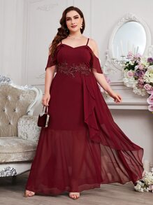 SHEIN Belle Burgundy Red Plus Appliques Cold Shoulder Ruffle Trim Chiffon Dress - Burgundy - View 3
