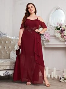 SHEIN Belle Burgundy Red Plus Appliques Cold Shoulder Ruffle Trim Chiffon Dress - Burgundy - View 4