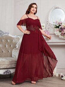 SHEIN Belle Burgundy Red Plus Appliques Cold Shoulder Ruffle Trim Chiffon Dress - Burgundy - View 5