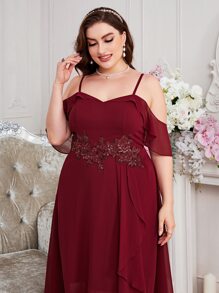 SHEIN Belle Burgundy Red Plus Appliques Cold Shoulder Ruffle Trim Chiffon Dress - Burgundy - View 6