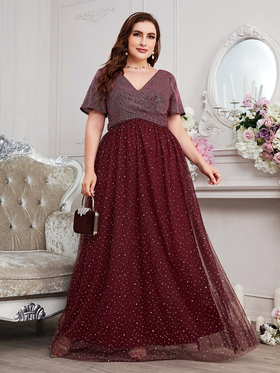 SHEIN Belle Burgundy Red Plus Two Tone Dobby Mesh Dress - Burgundy - View 1