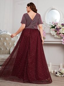 SHEIN Belle Burgundy Red Plus Two Tone Dobby Mesh Dress - Burgundy - View 2