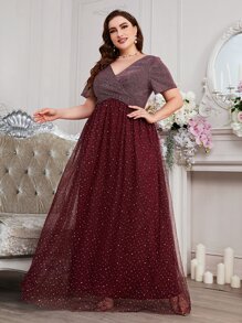 SHEIN Belle Burgundy Red Plus Two Tone Dobby Mesh Dress - Burgundy - View 4