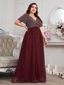 SHEIN Belle Burgundy Red Plus Two Tone Dobby Mesh Dress - Burgundy - View 5