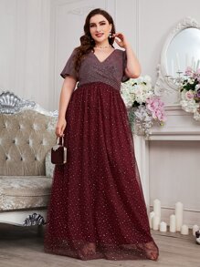 SHEIN Belle Burgundy Red Plus Two Tone Dobby Mesh Dress - Burgundy - View 6